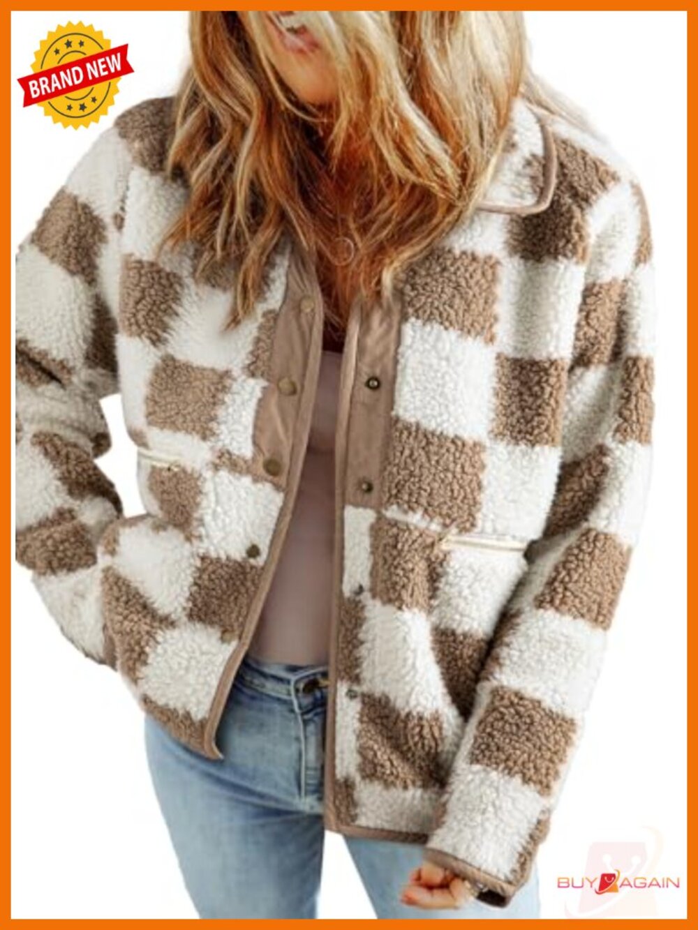 SHEWIN Women's Sherpa Fleece Button Down Plaid Jacket Loose Fit Fall Winter Coat